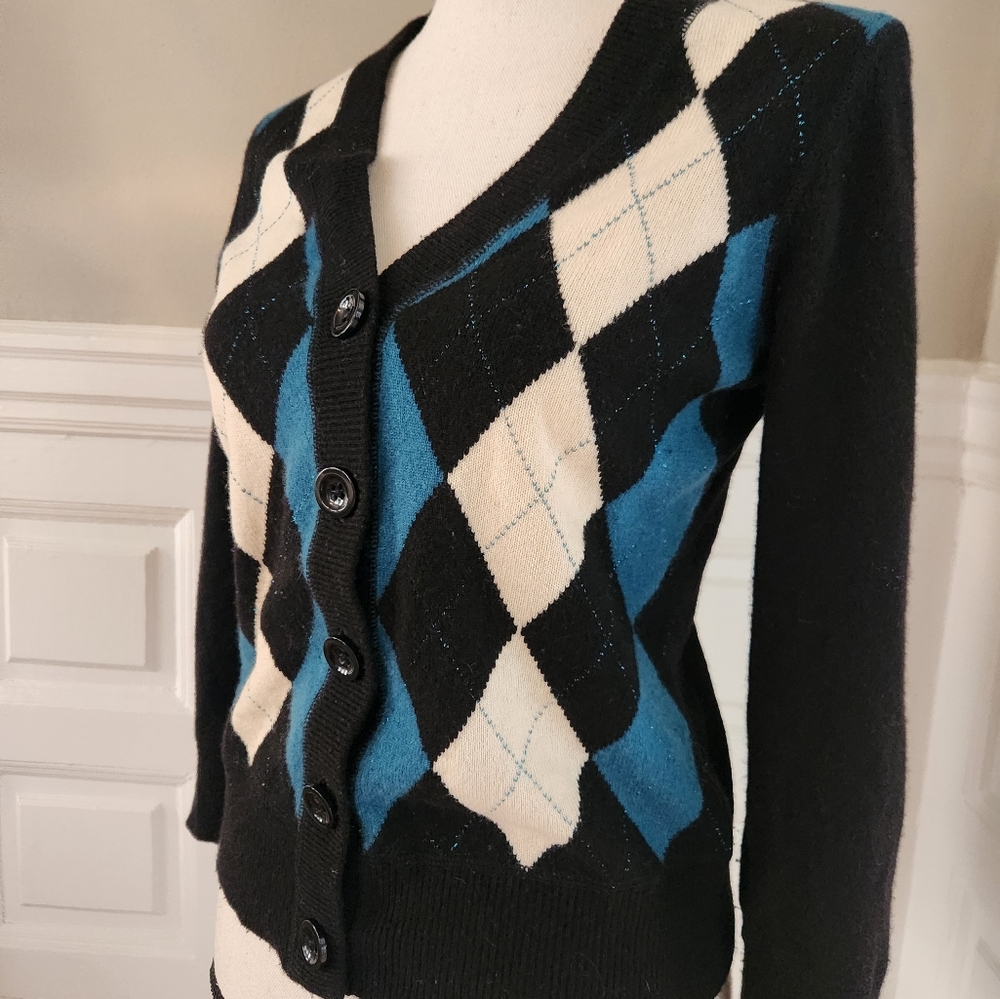 Preppy argyle Generra cashmere button down v neck cardigan sweater size large